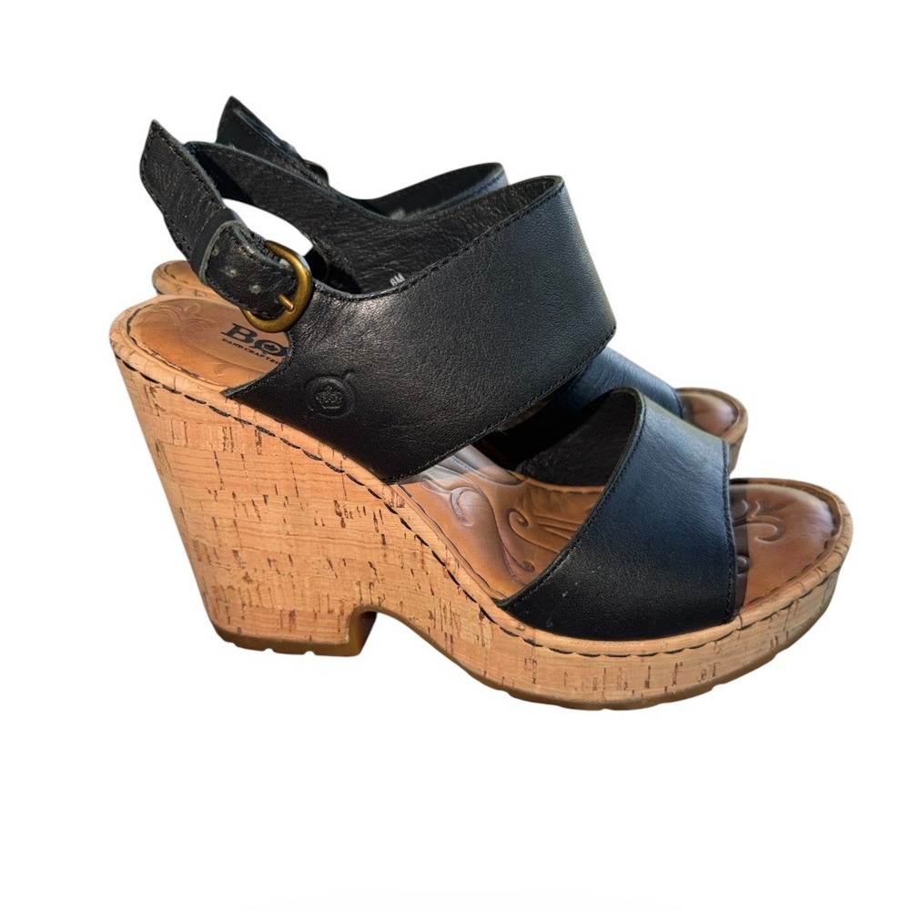 Born Wedge Sandals Womens 6 Black EUC Leather Cork Platform D96903 Bohemian